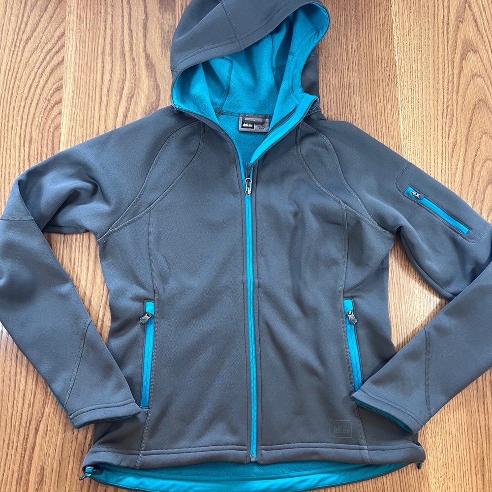 REI Women M Grey Blue Fleece‎ Lined Hooded Full Zip Outdoor Jacket Pockets A5